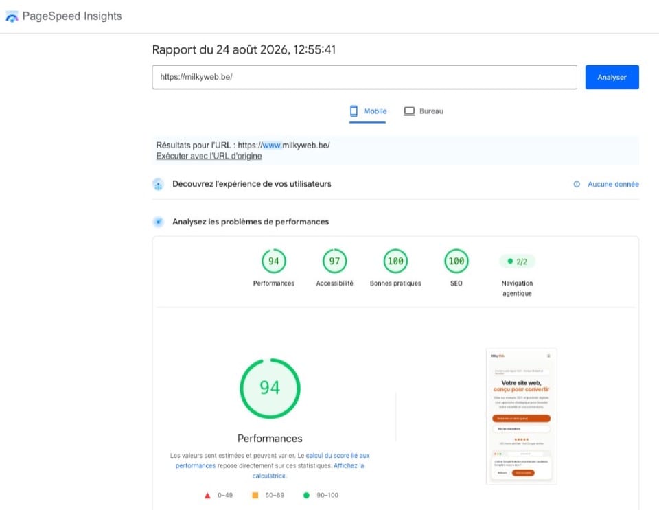 Rapport PageSpeed Insights mobile pour milkyweb.be : 94 sur 100 en performances, 97 en accessibilité, 100 en bonnes pratiques et 100 en SEO